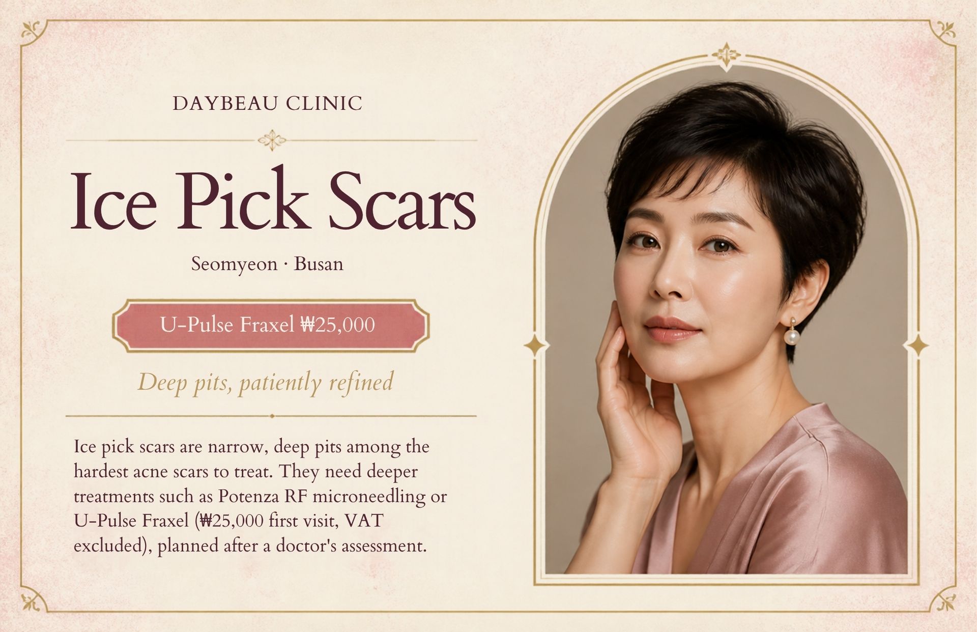 Ice Pick Scars at Daybeau Clinic, Seomyeon, Busan – first visit from ₩25,000. Ice pick scars are narrow, deep pits among the hardest acne scars to treat. They need deeper treatments such as Potenza RF microneedling or U-Pulse Fraxel (₩25,000 first visit, VAT excluded), planned after a doctor's assessment.