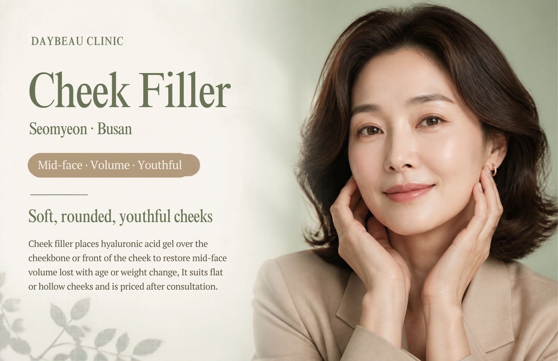 Cheek Filler at Daybeau Clinic, Seomyeon, Busan. Cheek filler places hyaluronic acid gel over the cheekbone or front of the cheek to restore mid-face volume lost with age or weight change. It suits flat or hollow cheeks and is priced after consultation.