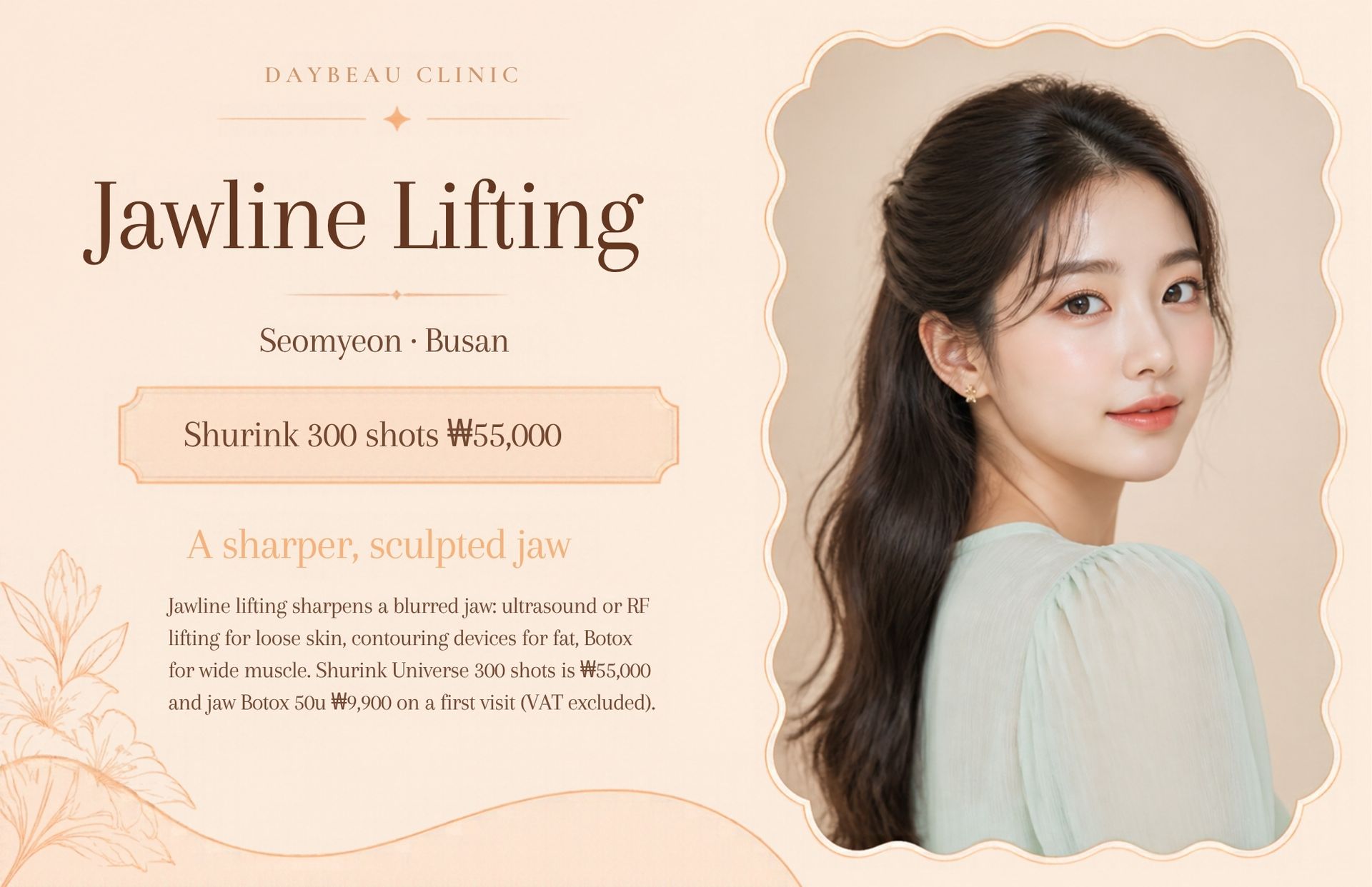 Jawline Lifting at Daybeau Clinic, Seomyeon, Busan – first visit from ₩55,000. Jawline lifting sharpens a blurred jaw: ultrasound or RF lifting for loose skin, contouring devices for fat, Botox for wide muscle. Shurink Universe 300 shots is ₩55,000 and jaw Botox 50u ₩9,900 on a first visit (VAT excluded).