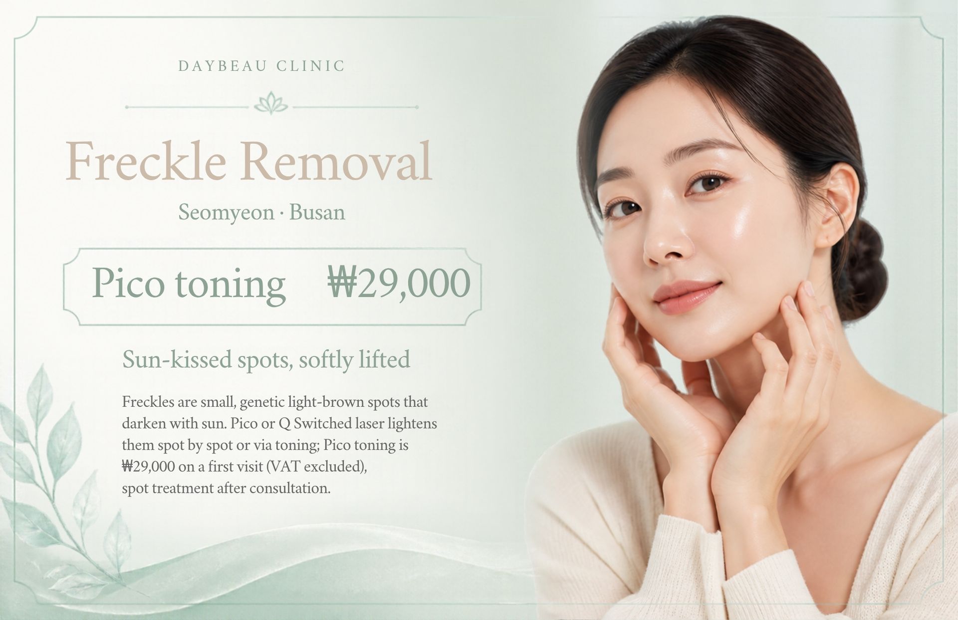 Freckle Removal at Daybeau Clinic, Seomyeon, Busan – first visit from ₩29,000. Freckles are small, genetic light-brown spots that darken with sun. Pico or Q-switched laser lightens them spot by spot or via toning; Pico toning is ₩29,000 on a first visit (VAT excluded), spot treatment after consultation.