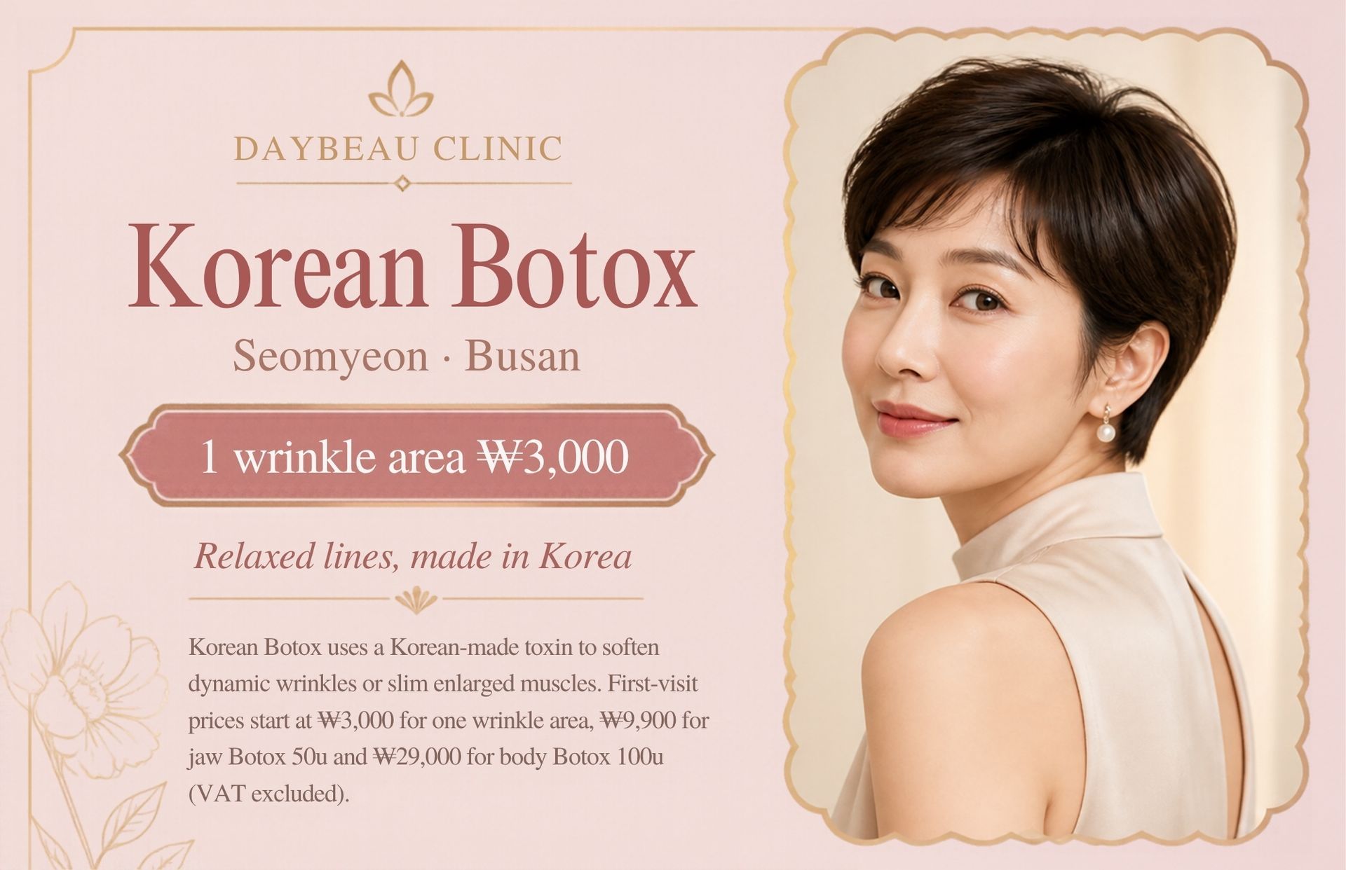 Korean Botox at Daybeau Clinic, Seomyeon, Busan – first visit from ₩3,000. Korean Botox uses a Korean-made toxin to soften dynamic wrinkles or slim enlarged muscles. First-visit prices start at ₩3,000 for one wrinkle area, ₩9,900 for jaw Botox 50u and ₩29,000 for body Botox 100u (VAT excluded).