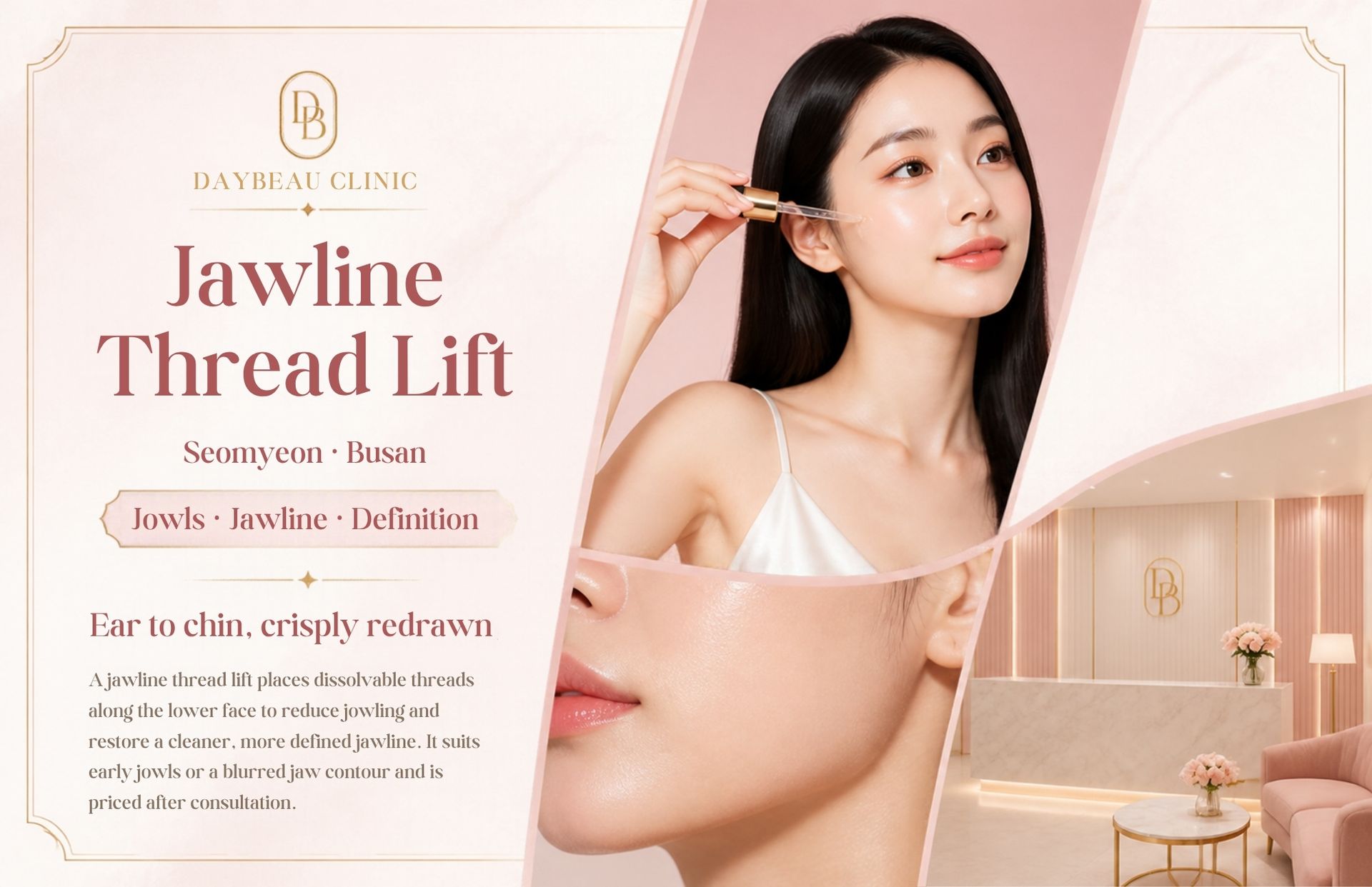 Jawline Thread Lift at Daybeau Clinic, Seomyeon, Busan. A jawline thread lift places dissolvable threads along the lower face to reduce jowling and restore a cleaner, more defined jawline. It suits early jowls or a blurred jaw contour and is priced after consultation.