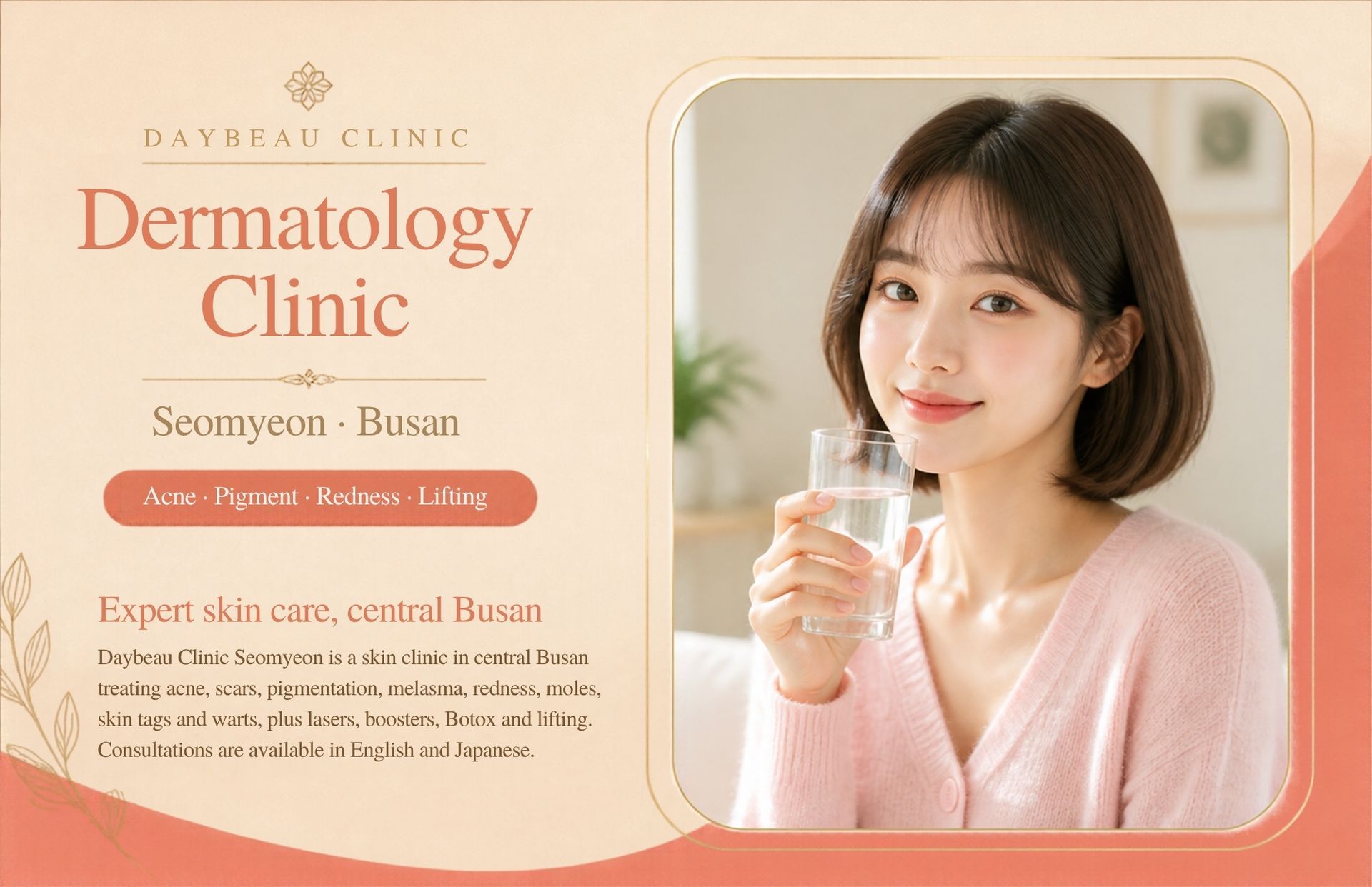 Dermatology Clinic at Daybeau Clinic, Seomyeon, Busan. Daybeau Clinic Seomyeon is a skin clinic in central Busan treating acne, scars, pigmentation, melasma, redness, moles, skin tags and warts, plus lasers, boosters, Botox and lifting. Consultations are available in English and Japanese.