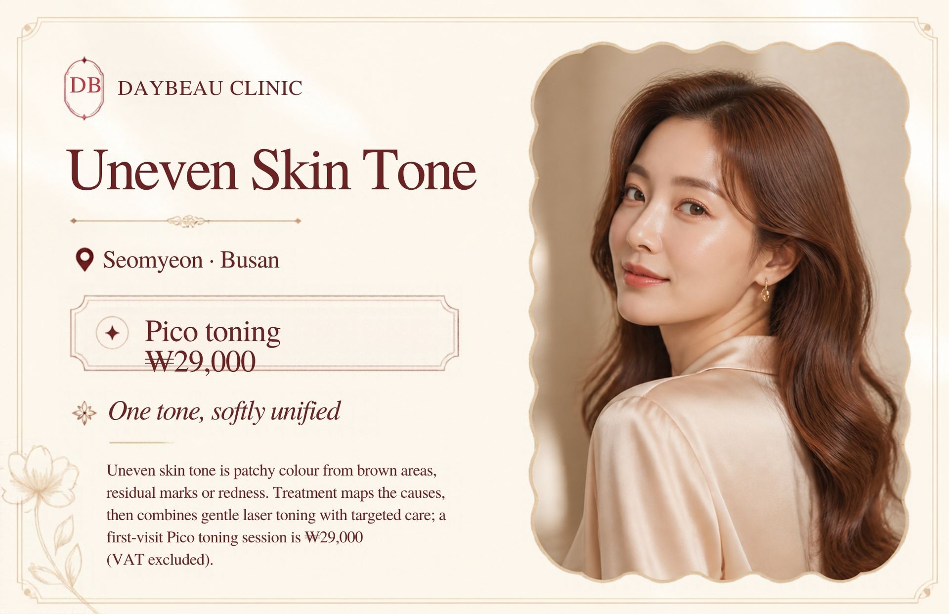 Uneven Skin Tone at Daybeau Clinic, Seomyeon, Busan – first visit from ₩29,000. Uneven skin tone is patchy colour from brown areas, residual marks or redness. Treatment maps the causes, then combines gentle laser toning with targeted care; a first-visit Pico toning session is ₩29,000 (VAT excluded).