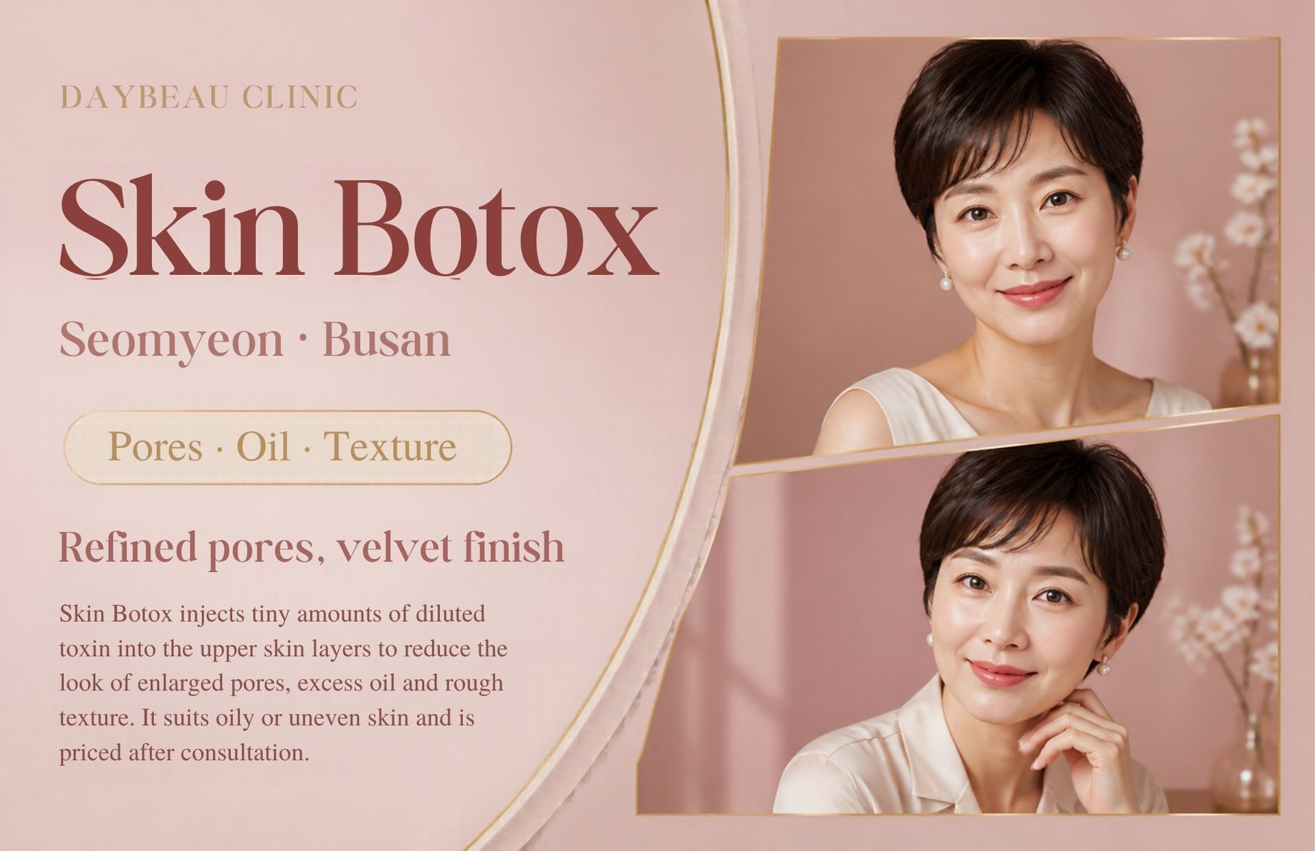 Skin Botox at Daybeau Clinic, Seomyeon, Busan. Skin Botox injects tiny amounts of diluted toxin into the upper skin layers to reduce the look of enlarged pores, excess oil and rough texture. It suits oily or uneven skin and is priced after consultation.