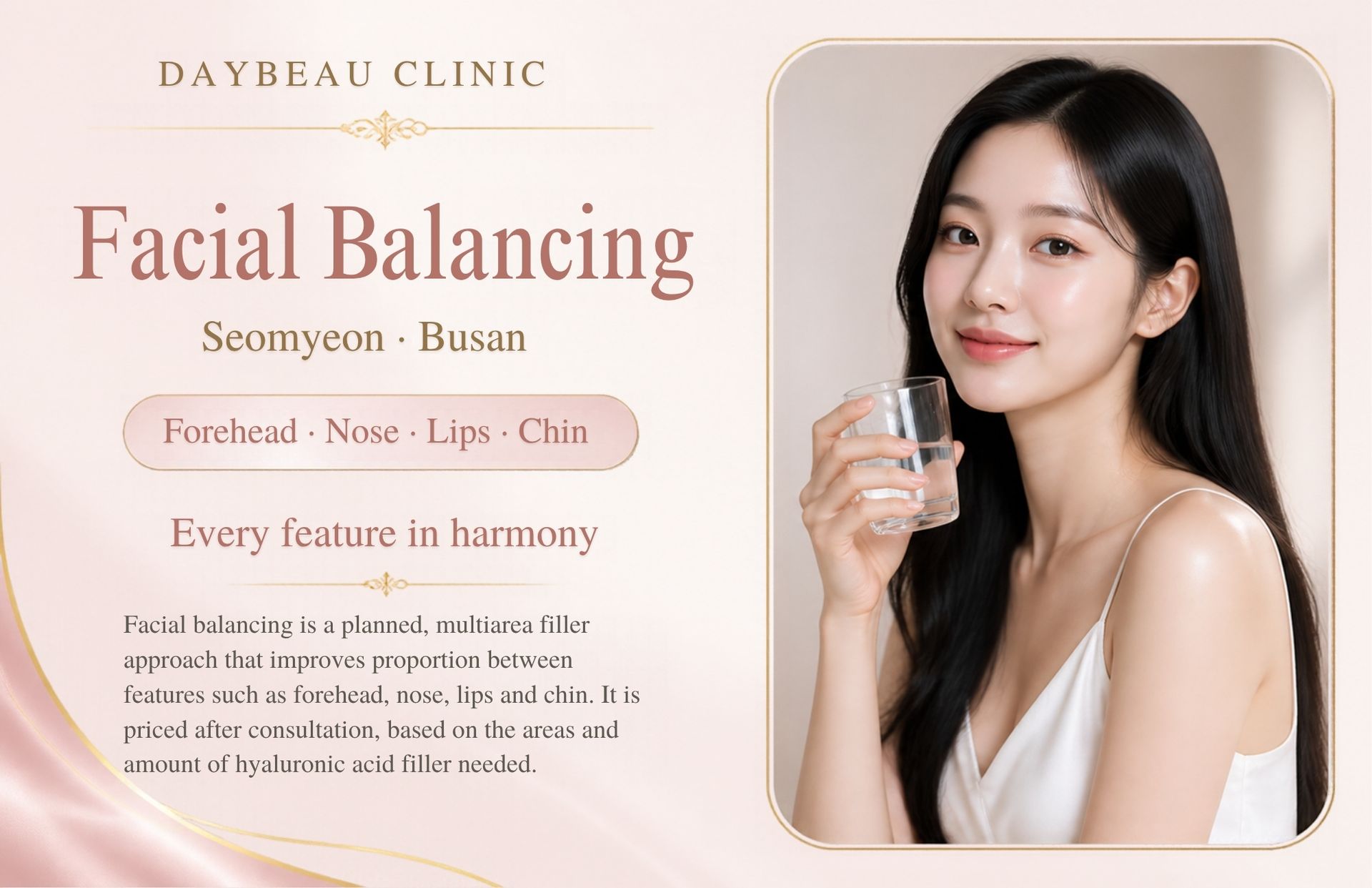 Facial Balancing at Daybeau Clinic, Seomyeon, Busan. Facial balancing is a planned, multi-area filler approach that improves proportion between features such as forehead, nose, lips and chin. It is priced after consultation, based on the areas and amount of hyaluronic acid filler needed.