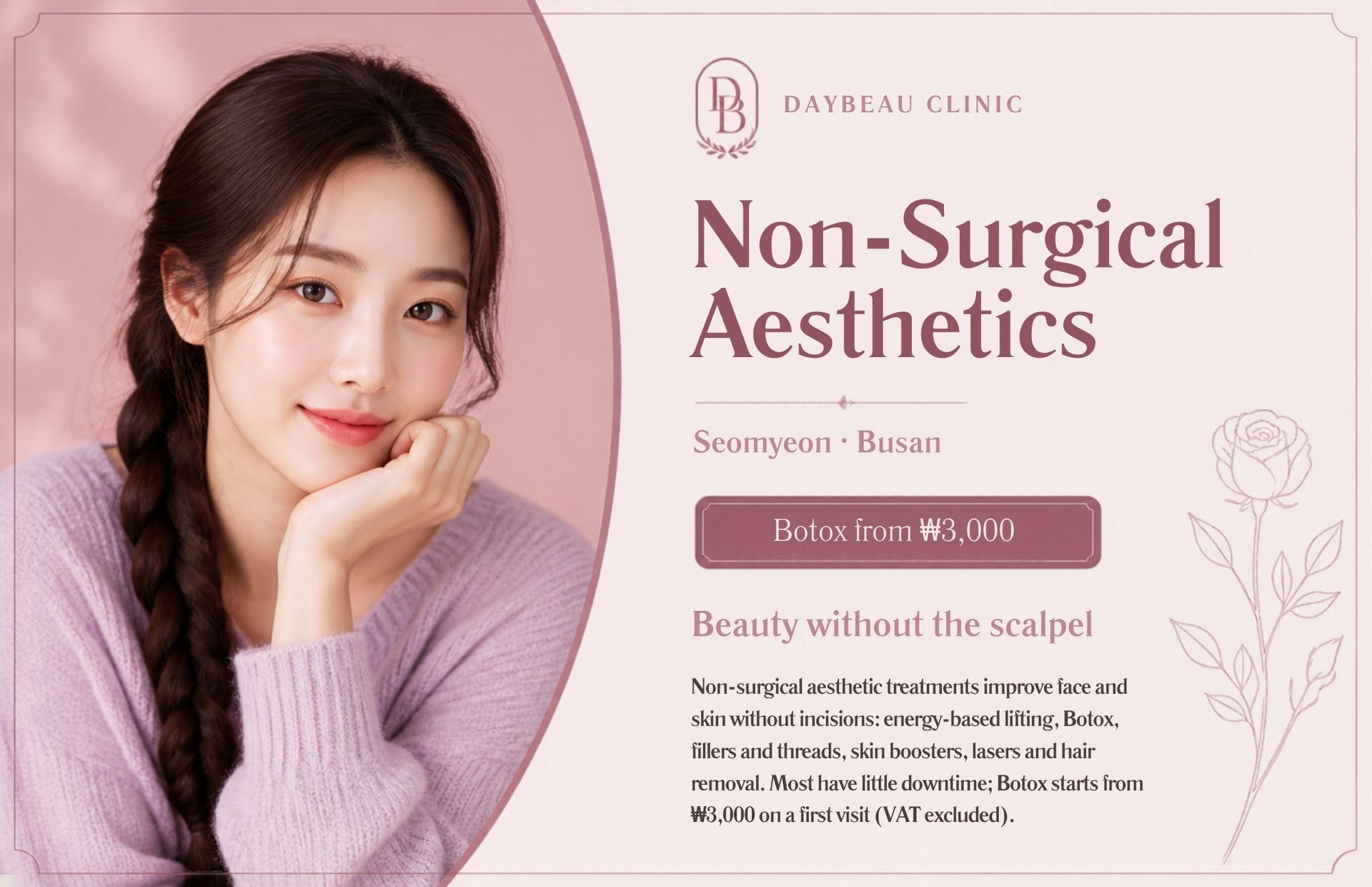 Non-Surgical Aesthetics at Daybeau Clinic, Seomyeon, Busan – first visit from ₩3,000. Non-surgical aesthetic treatments improve face and skin without incisions: energy-based lifting, Botox, fillers and threads, skin boosters, lasers and hair removal. Most have little downtime; Botox starts from ₩3,000 on a first visit (VAT excluded).