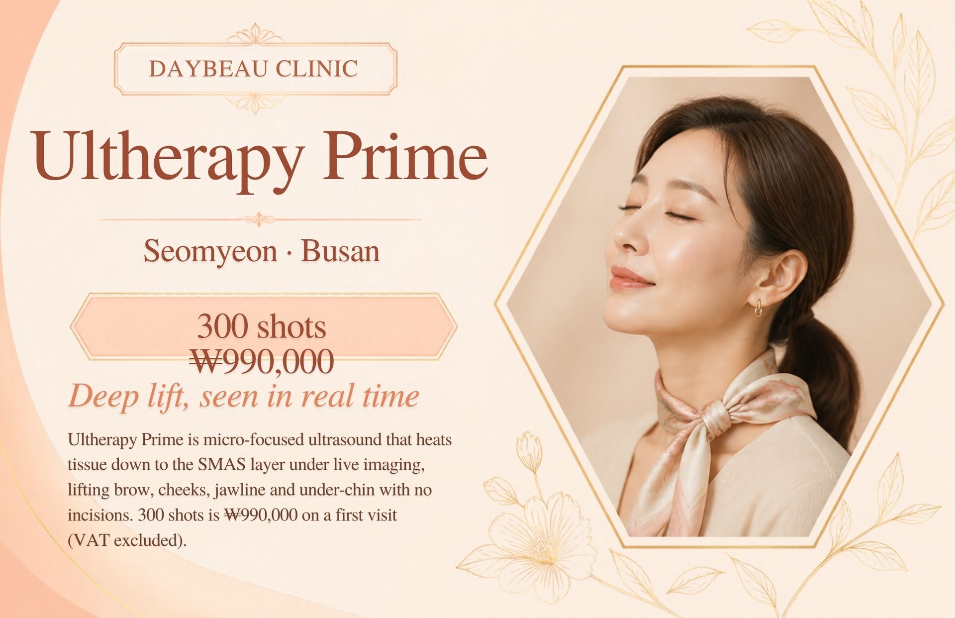 Ultherapy Prime at Daybeau Clinic, Seomyeon, Busan – first visit from ₩990,000. Ultherapy Prime is micro-focused ultrasound that heats tissue down to the SMAS layer under live imaging, lifting brow, cheeks, jawline and under-chin with no incisions. 300 shots is ₩990,000 on a first visit (VAT excluded).