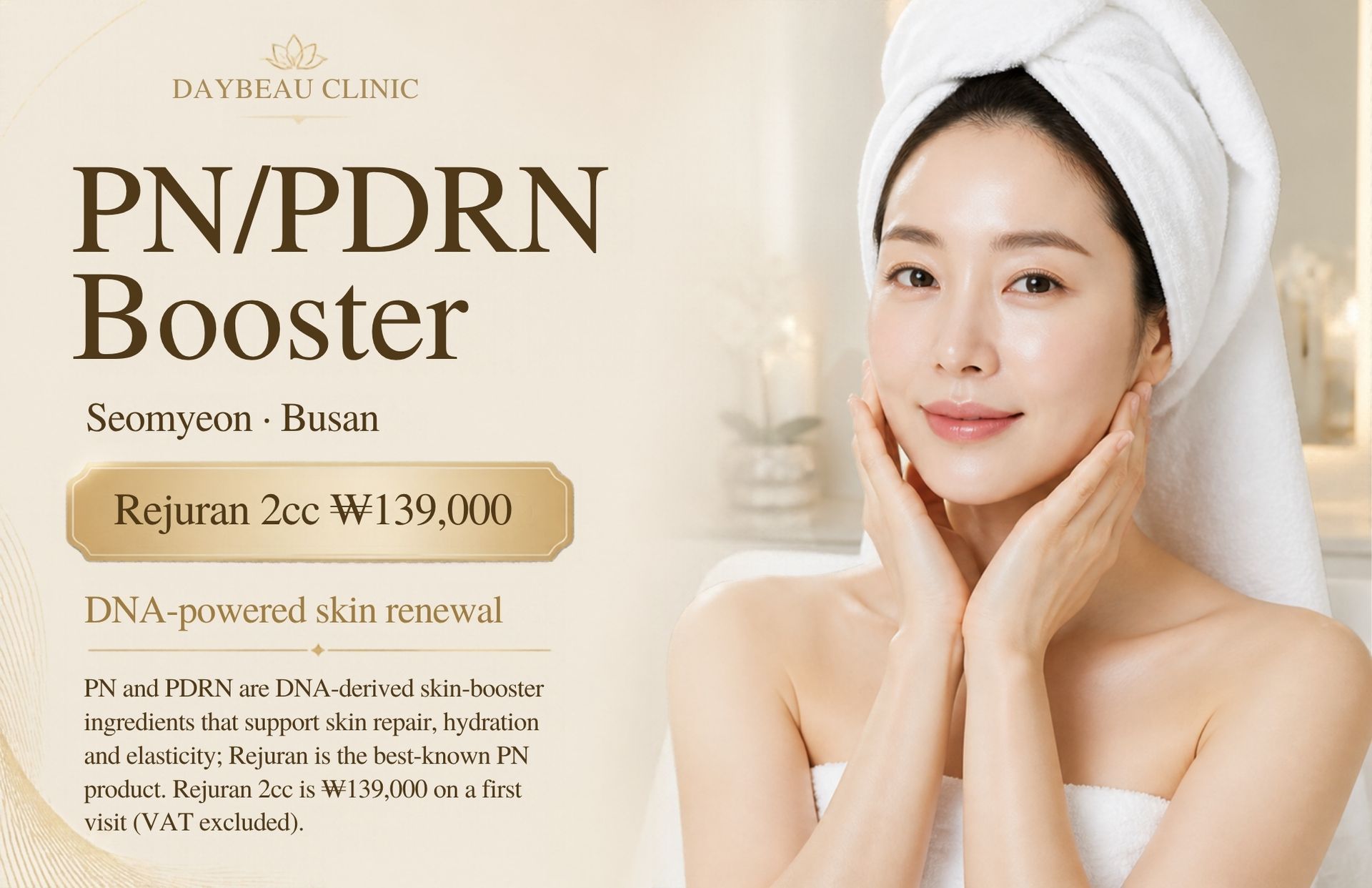 PN/PDRN Booster at Daybeau Clinic, Seomyeon, Busan – first visit from ₩139,000. PN and PDRN are DNA-derived skin-booster ingredients that support skin repair, hydration and elasticity; Rejuran is the best-known PN product. Rejuran 2cc is ₩139,000 on a first visit (VAT excluded).