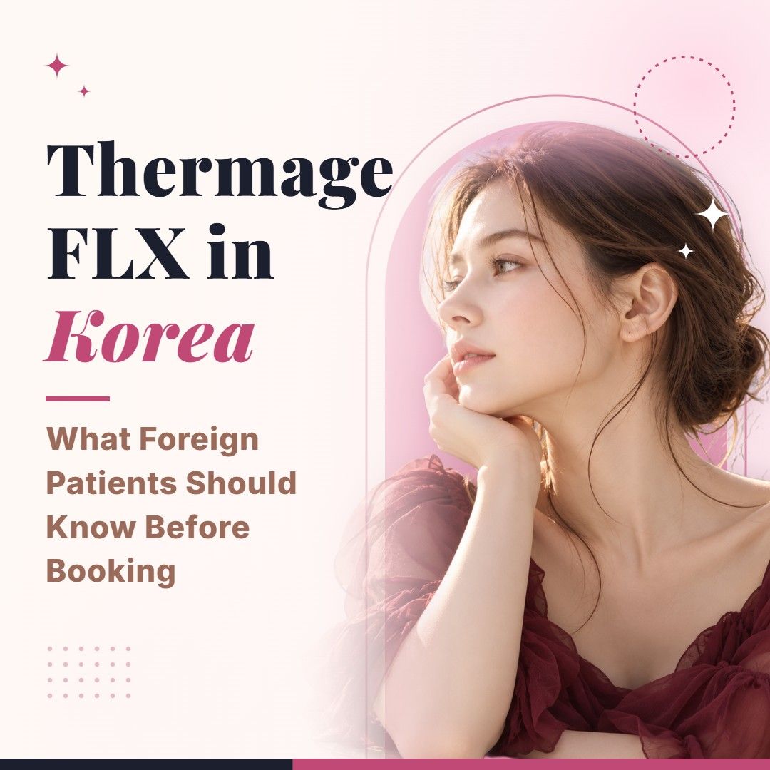 Blog cover image for Thermage FLX in Korea: What Foreign Patients Should Know Before Booking with a model portrait on a soft pink background