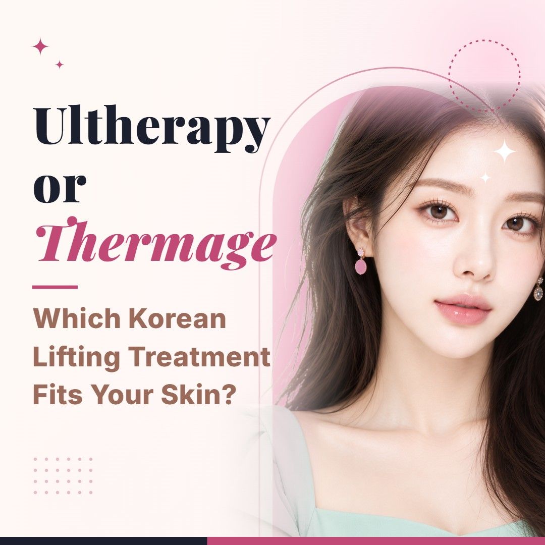 Blog cover image for Ultherapy or Thermage: Which Korean Lifting Treatment Fits Your Skin? with a model portrait on a soft pink background