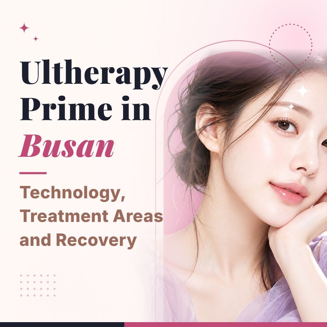 Blog cover image for Ultherapy Prime in Busan: Technology, Treatment Areas and Recovery with a model portrait on a soft pink background