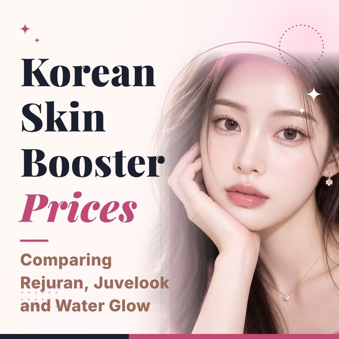 Blog cover image for Korean Skin Booster Prices: Comparing Rejuran, Juvelook and Water Glow with a model portrait on a soft pink background