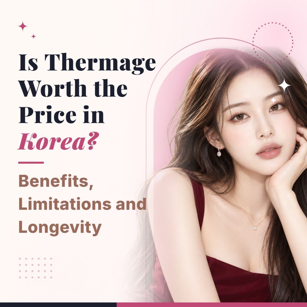 Blog cover image for Is Thermage Worth the Price in Korea? Benefits, Limitations and Longevity with a model portrait on a soft pink background