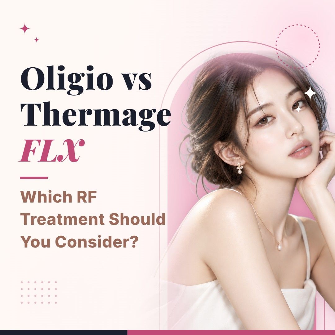 Blog cover image for Oligio vs Thermage FLX: Which RF Treatment Should You Consider? with a model portrait on a soft pink background
