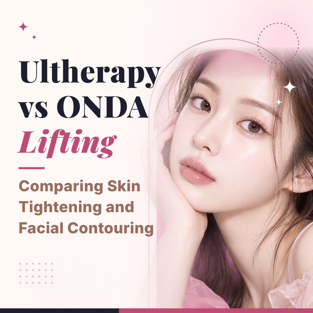 Blog cover image for Ultherapy vs ONDA Lifting: Comparing Skin Tightening and Facial Contouring with a model portrait on a soft pink background