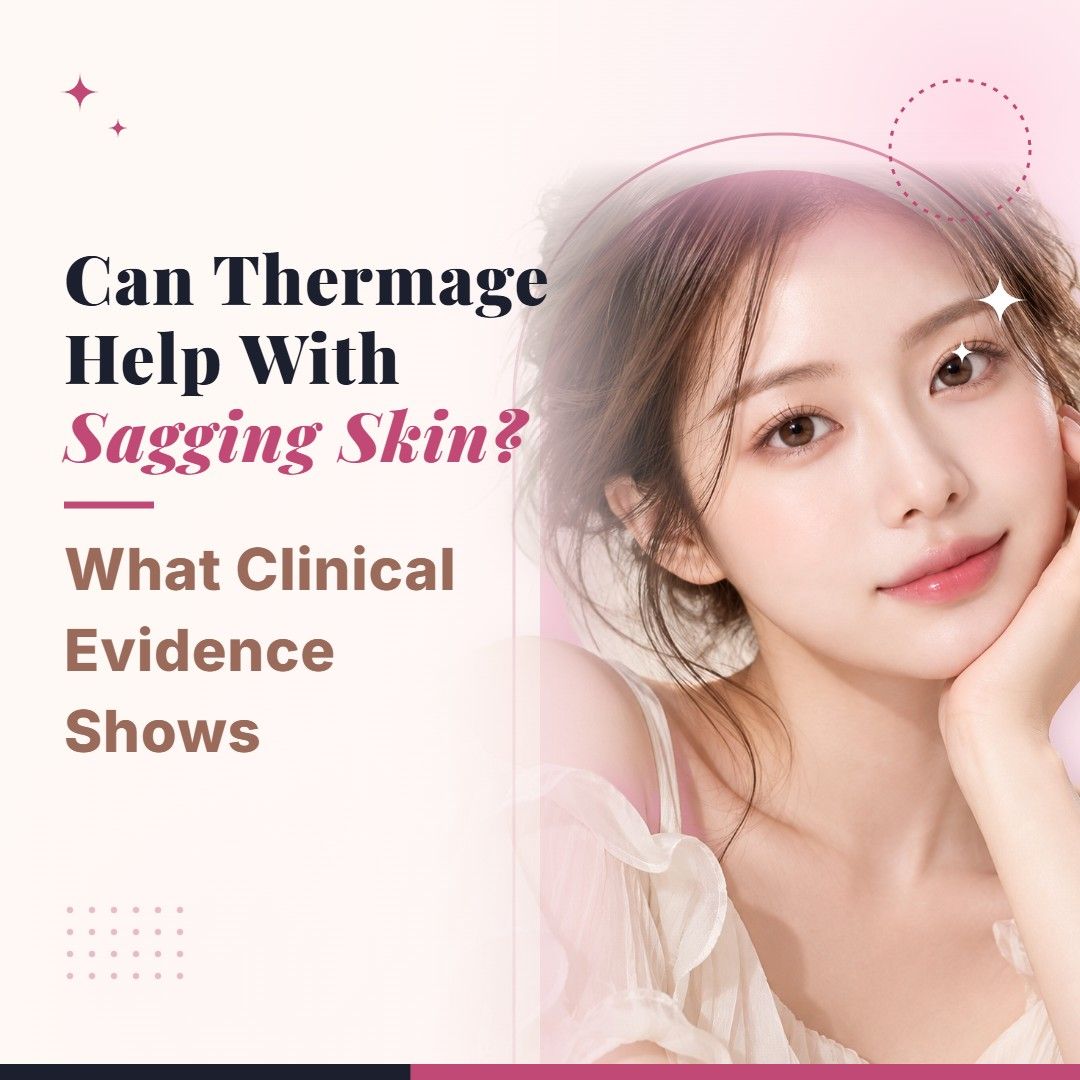 Blog cover image for Can Thermage Help With Sagging Skin? What Clinical Evidence Shows with a model portrait on a soft pink background