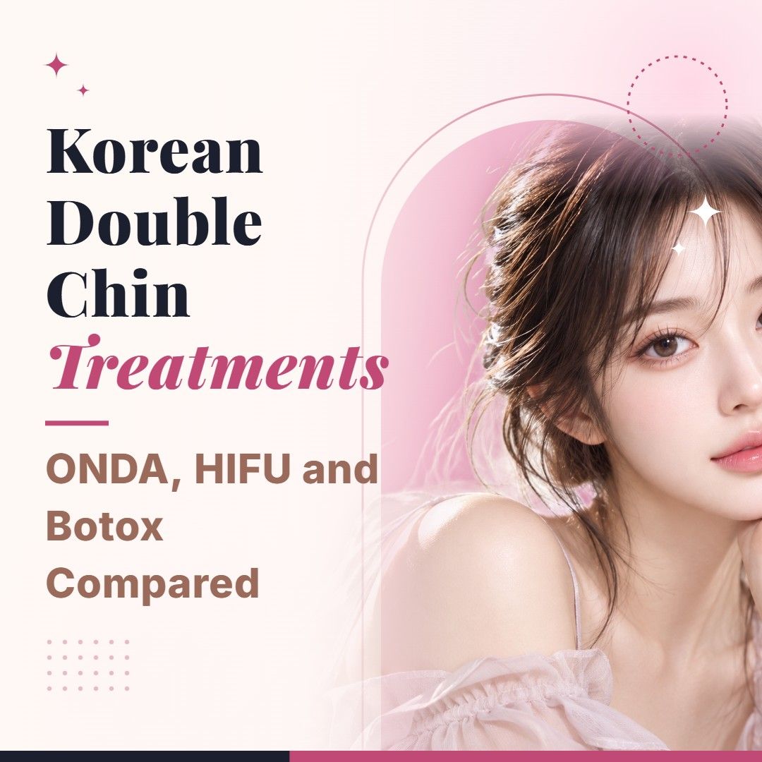 Blog cover image for Korean Double Chin Treatments: ONDA, HIFU and Botox Compared with a model portrait on a soft pink background
