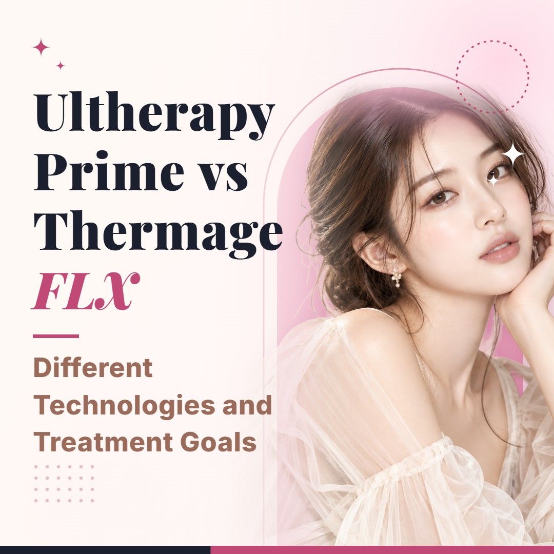 Blog cover image for Ultherapy Prime vs Thermage FLX: Different Technologies and Treatment Goals with a model portrait on a soft pink background