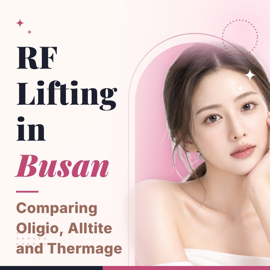 Blog cover image for RF Lifting in Busan: Comparing Oligio, Alltite and Thermage with a model portrait on a soft pink background