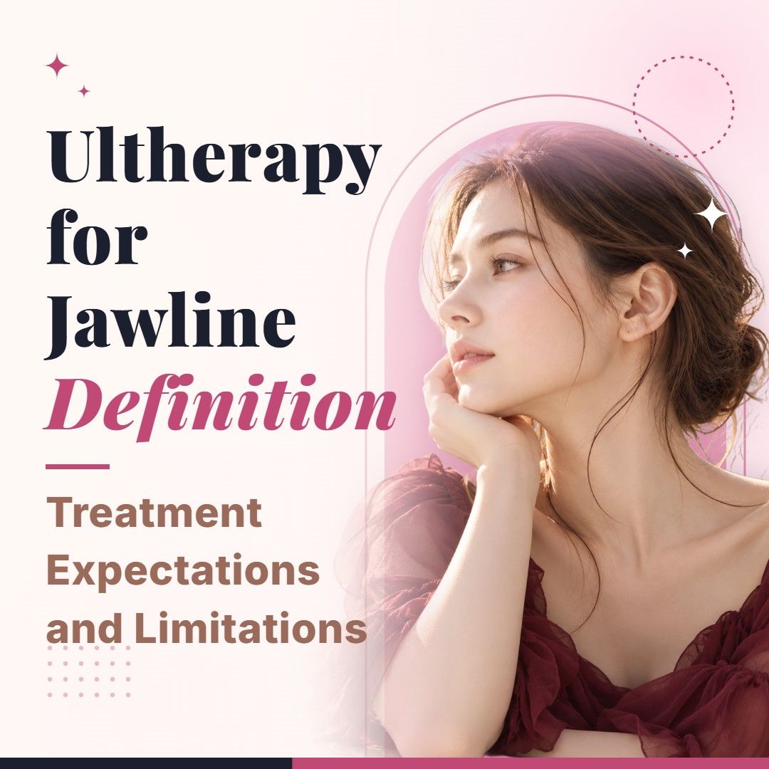 Blog cover image for Ultherapy for Jawline Definition: Treatment Expectations and Limitations with a model portrait on a soft pink background