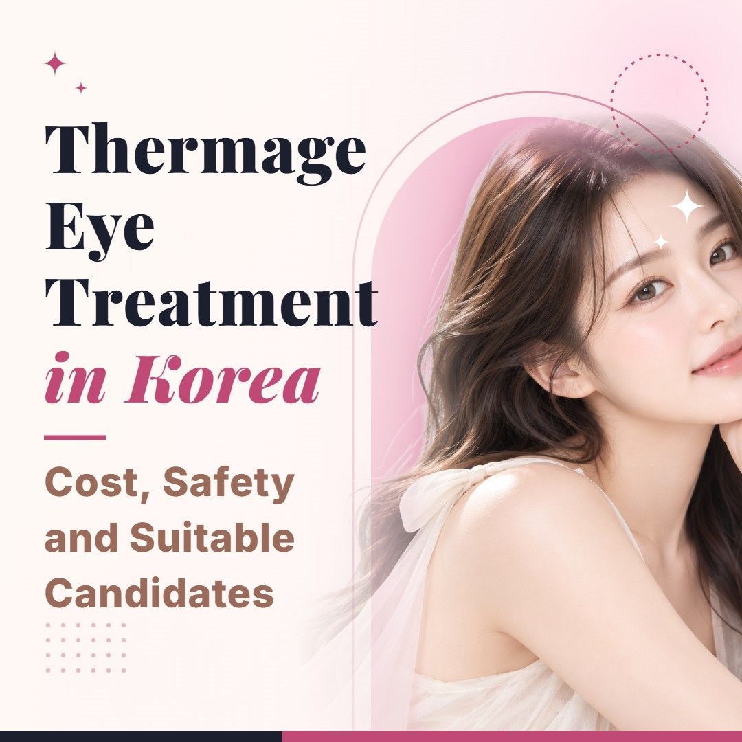 Blog cover image for Thermage Eye Treatment in Korea: Cost, Safety and Suitable Candidates with a model portrait on a soft pink background