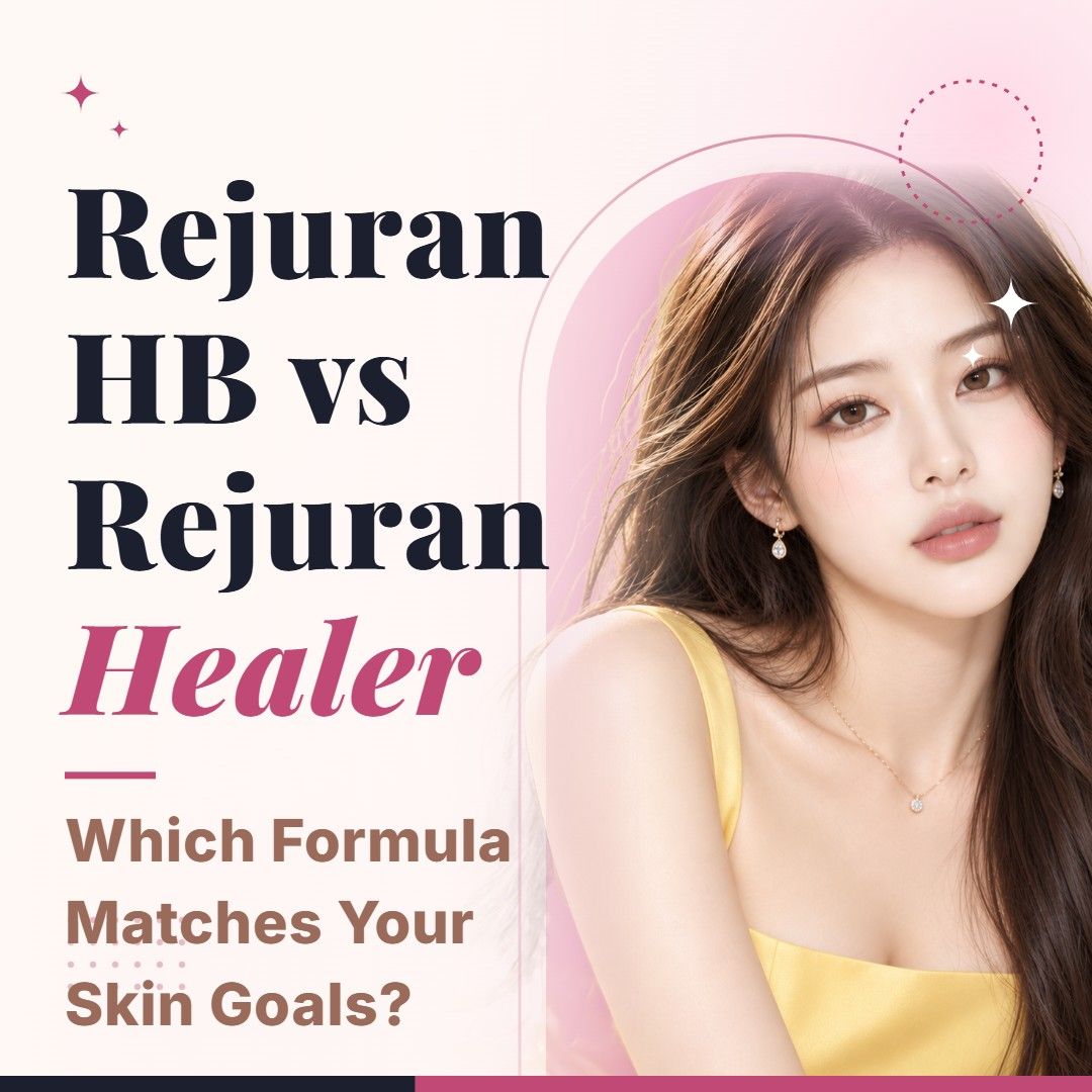 Blog cover image for Rejuran HB vs Rejuran Healer: Which Formula Matches Your Skin Goals? with a model portrait on a soft pink background