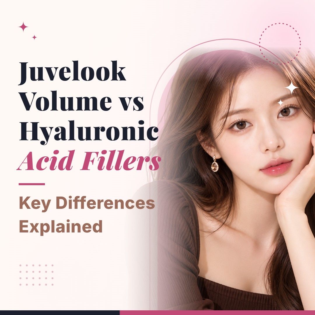Blog cover image for Juvelook Volume vs Hyaluronic Acid Fillers: Key Differences Explained with a model portrait on a soft pink background