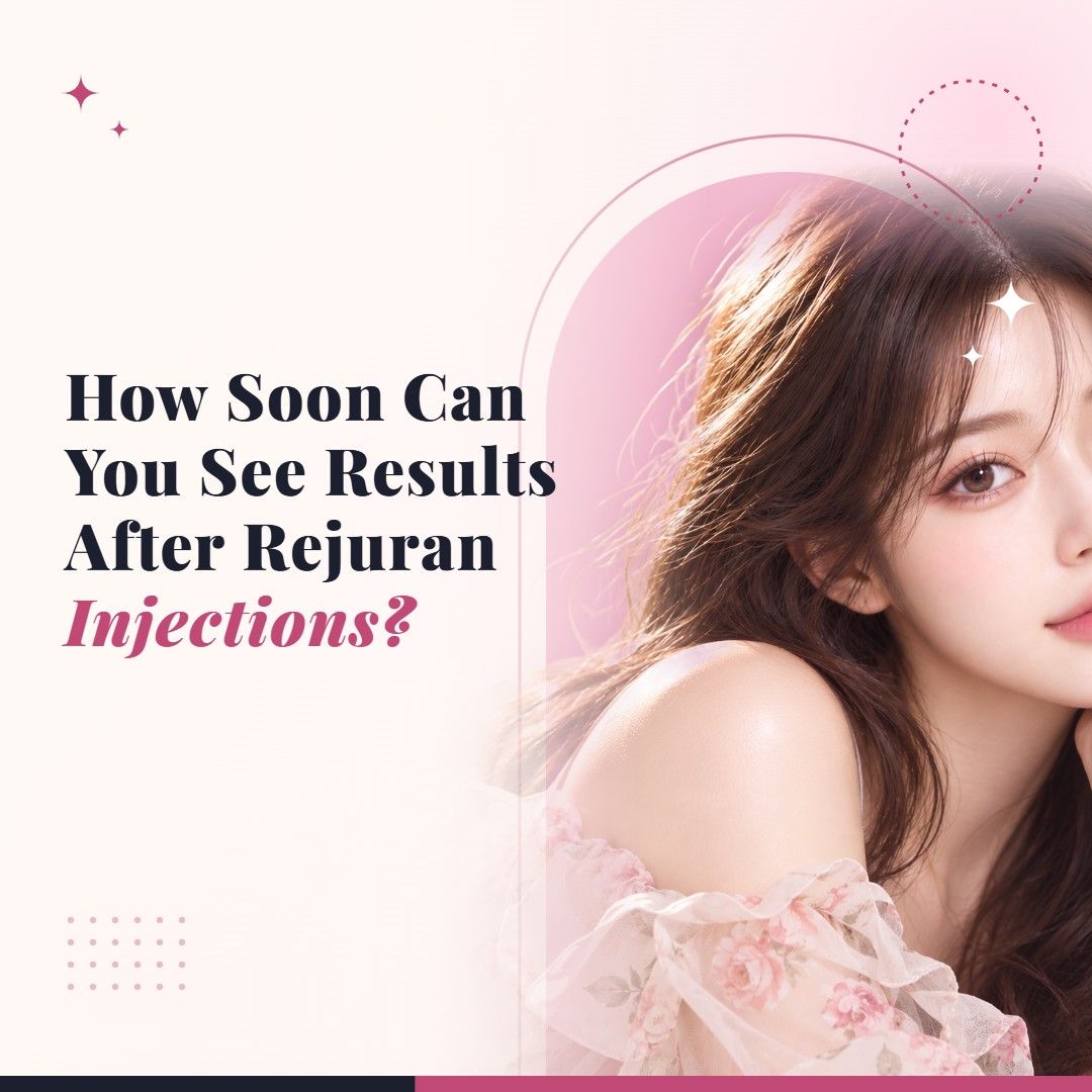 Blog cover image for How Soon Can You See Results After Rejuran Injections? with a model portrait on a soft pink background