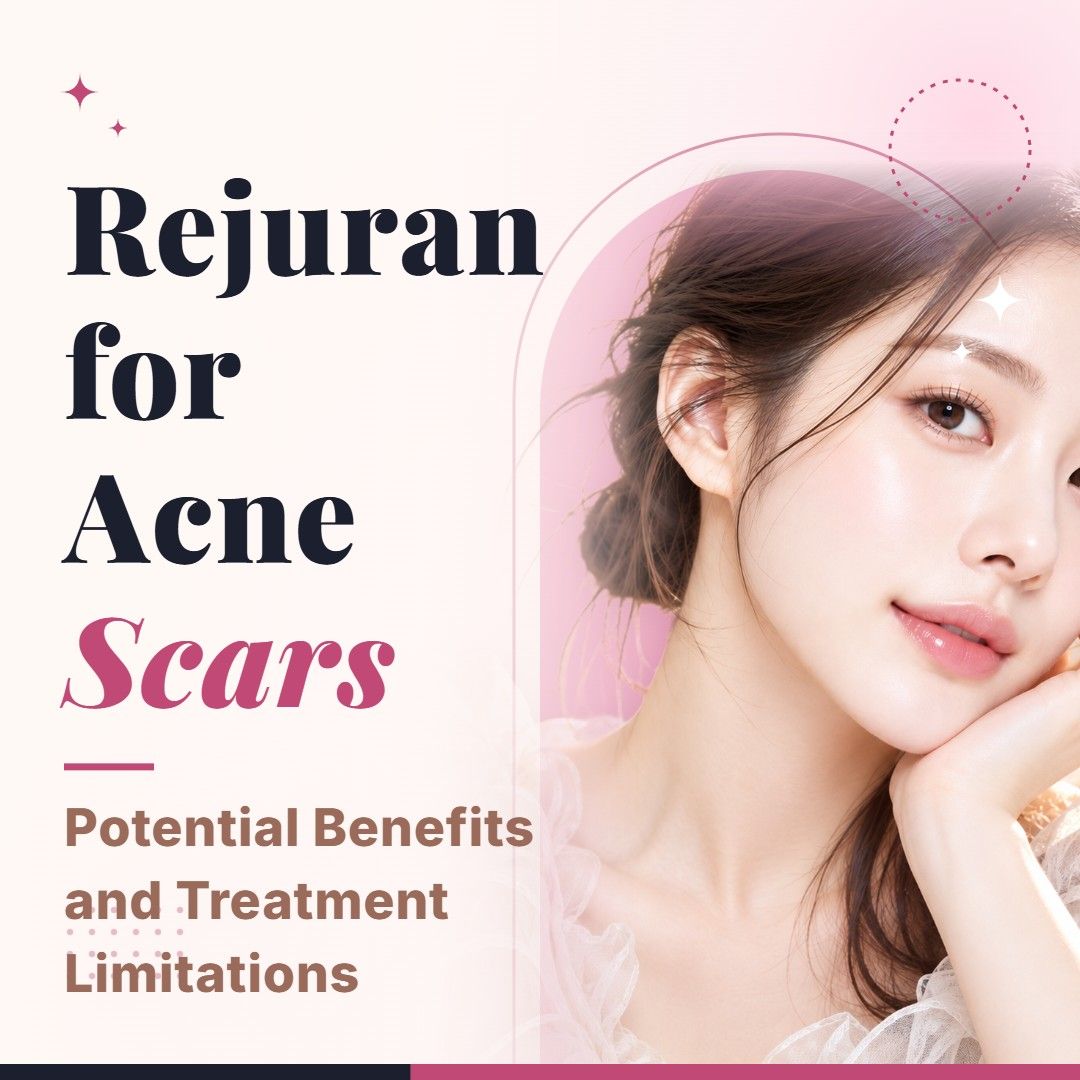 Blog cover image for Rejuran for Acne Scars: Potential Benefits and Treatment Limitations with a model portrait on a soft pink background