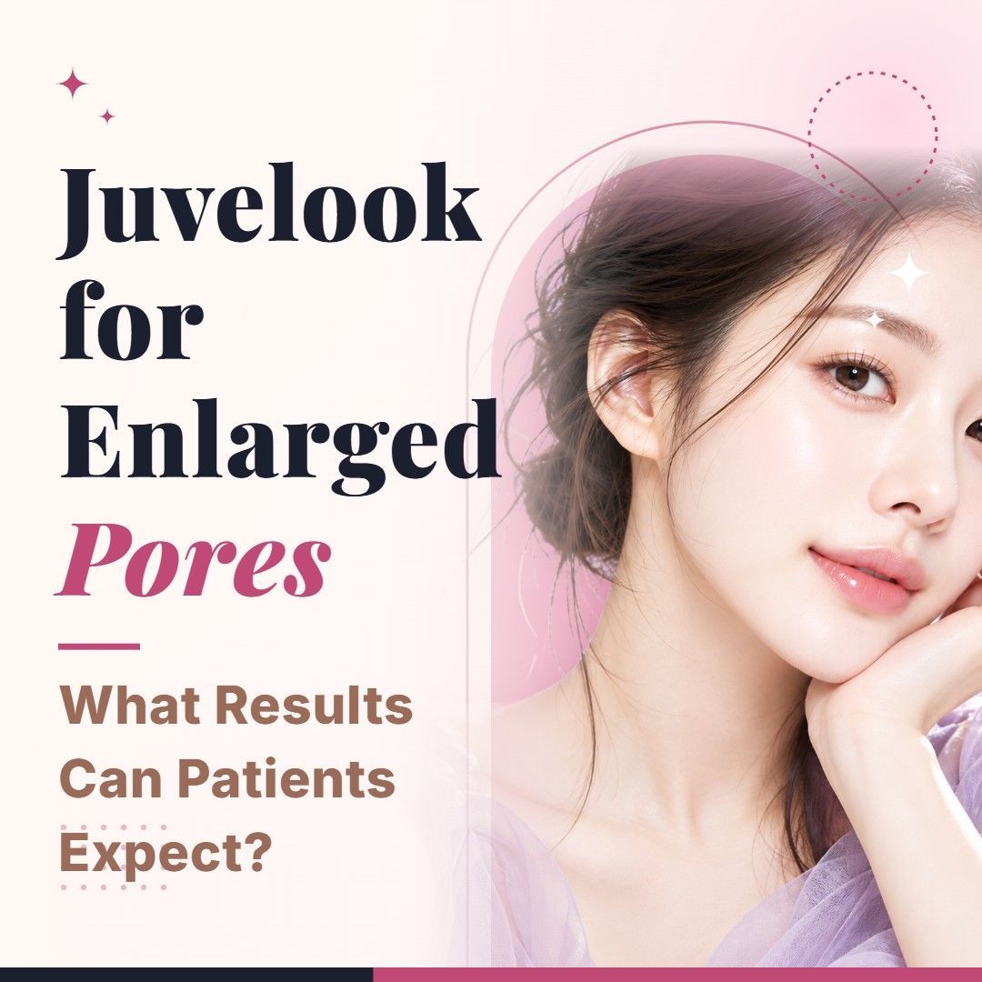 Blog cover image for Juvelook for Enlarged Pores: What Results Can Patients Expect? with a model portrait on a soft pink background