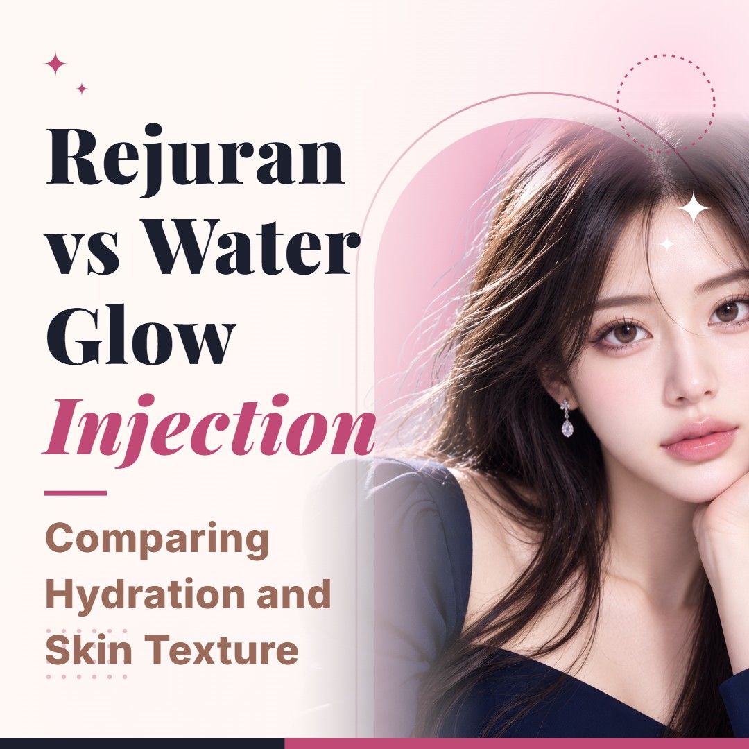 Blog cover image for Rejuran vs Water Glow Injection: Comparing Hydration and Skin Texture with a model portrait on a soft pink background