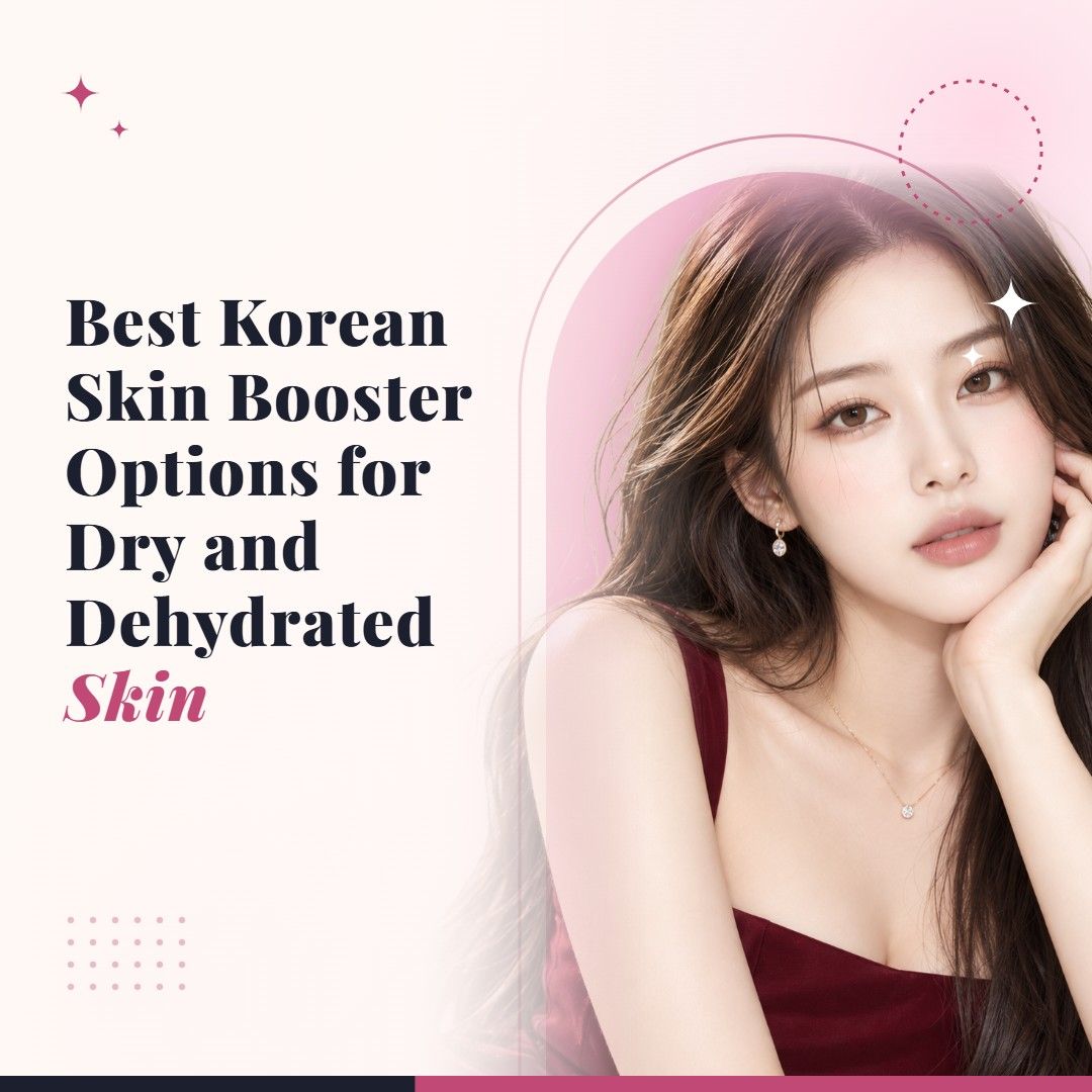 Blog cover image for Best Korean Skin Booster Options for Dry and Dehydrated Skin with a model portrait on a soft pink background