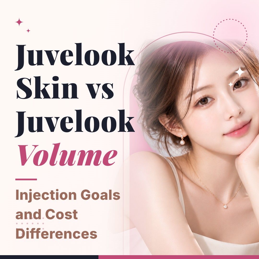 Blog cover image for Juvelook Skin vs Juvelook Volume: Injection Goals and Cost Differences with a model portrait on a soft pink background