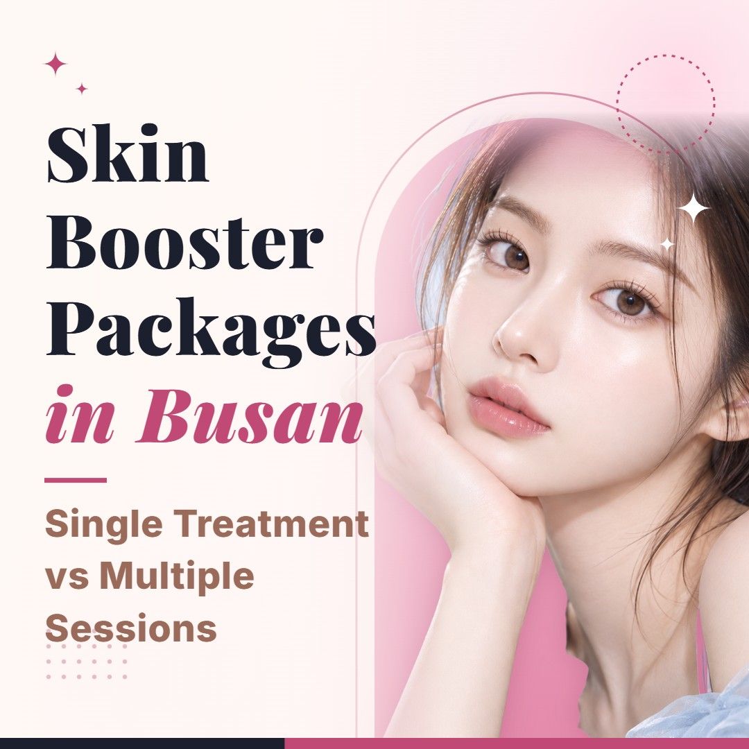 Blog cover image for Skin Booster Packages in Busan: Single Treatment vs Multiple Sessions with a model portrait on a soft pink background