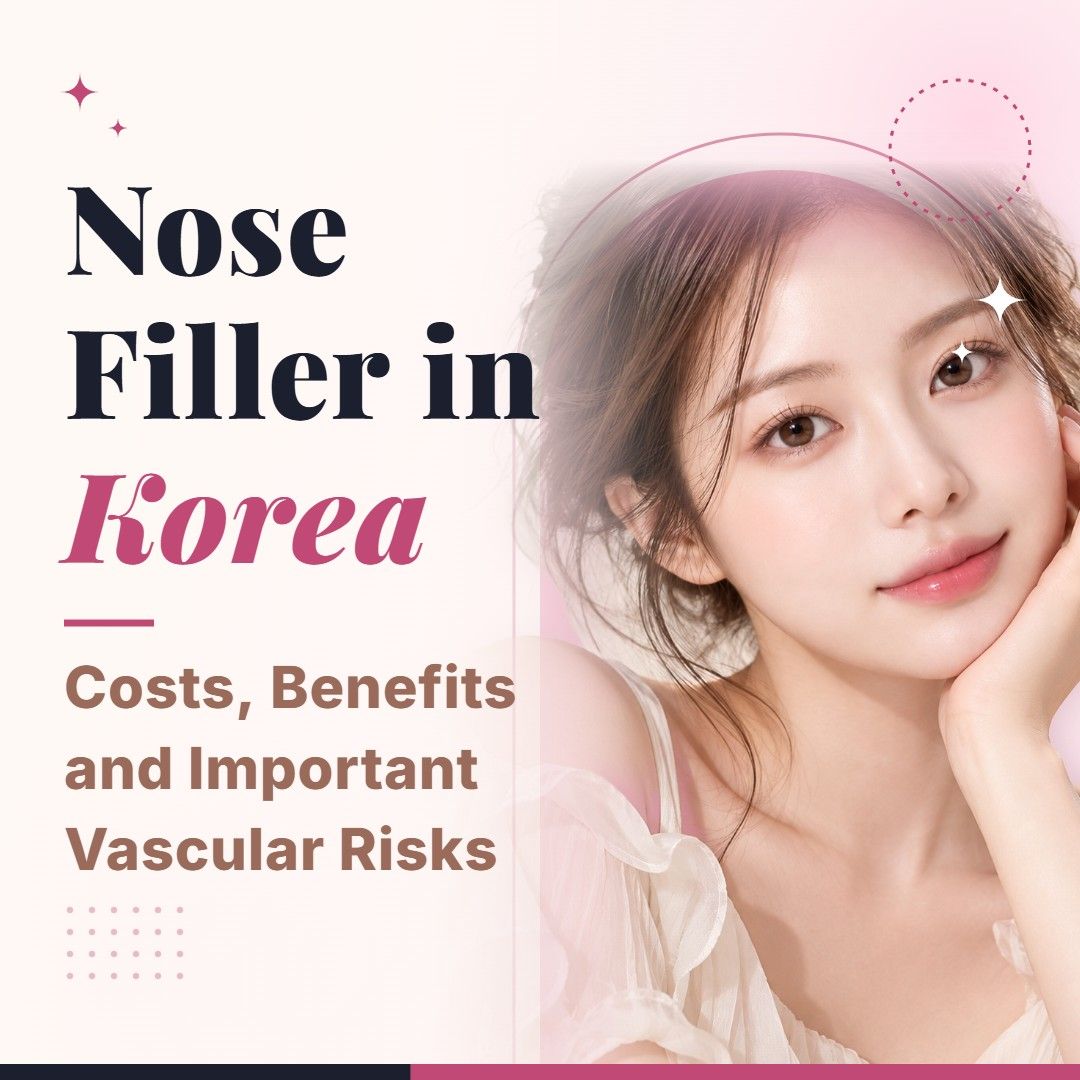 Blog cover image for Nose Filler in Korea: Costs, Benefits and Important Vascular Risks with a model portrait on a soft pink background