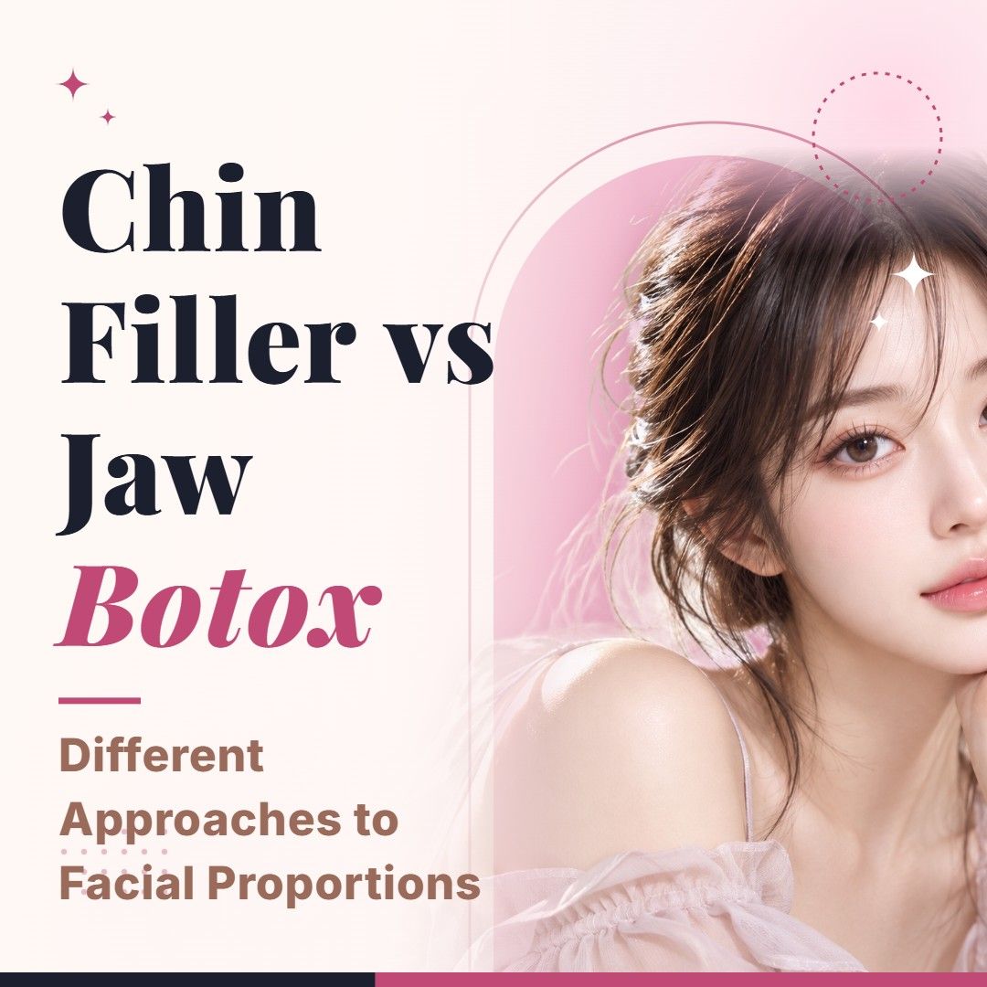 Blog cover image for Chin Filler vs Jaw Botox: Different Approaches to Facial Proportions with a model portrait on a soft pink background