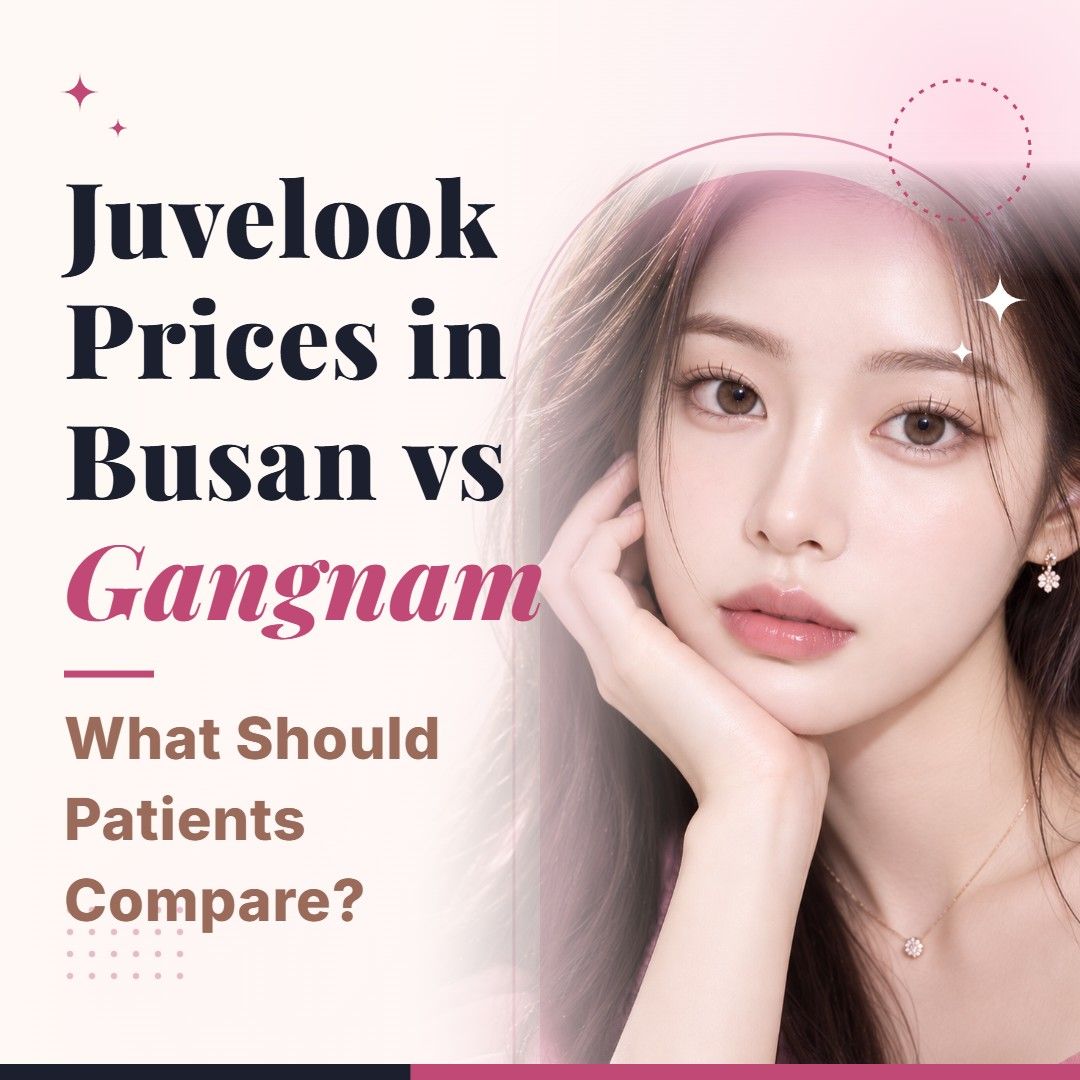 Blog cover image for Juvelook Prices in Busan vs Gangnam: What Should Patients Compare? with a model portrait on a soft pink background