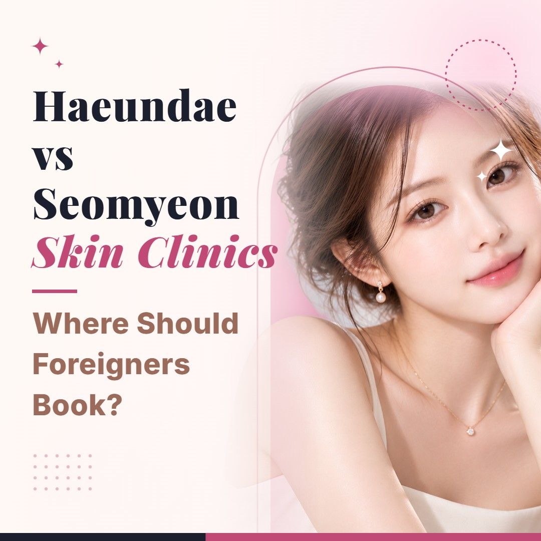 Blog cover image for Haeundae vs Seomyeon Skin Clinics: Where Should Foreigners Book? with a model portrait on a soft pink background