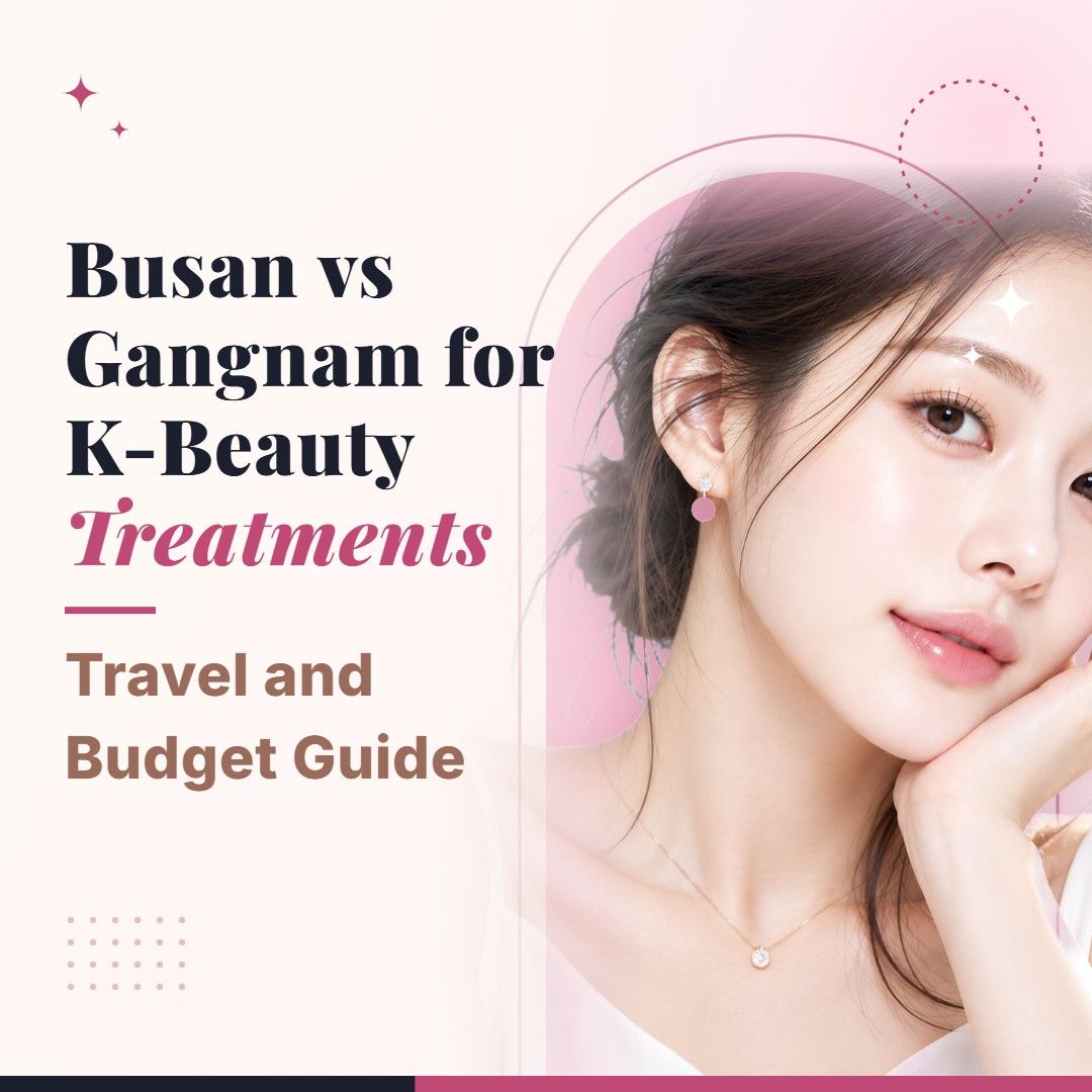 Blog cover image for Busan vs Gangnam for K-Beauty Treatments: Travel and Budget Guide with a model portrait on a soft pink background