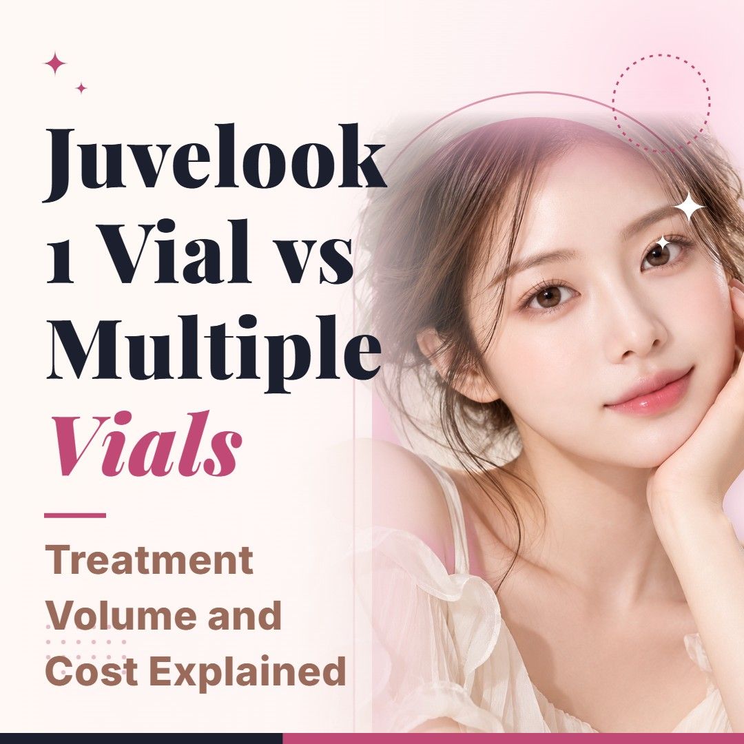 Blog cover image for Juvelook 1 Vial vs Multiple Vials: Treatment Volume and Cost Explained with a model portrait on a soft pink background