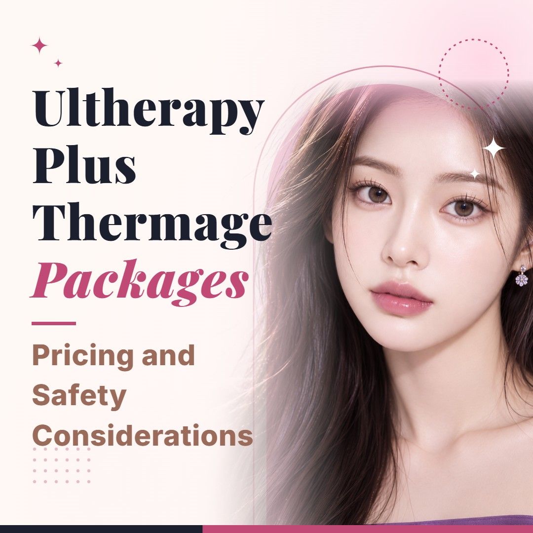 Blog cover image for Ultherapy Plus Thermage Packages: Pricing and Safety Considerations with a model portrait on a soft pink background