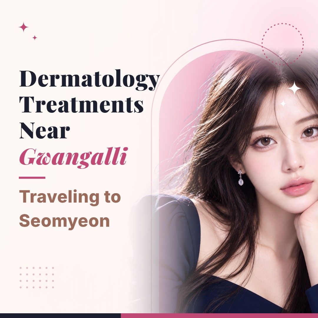 Blog cover image for Dermatology Treatments Near Gwangalli: Traveling to Seomyeon with a model portrait on a soft pink background