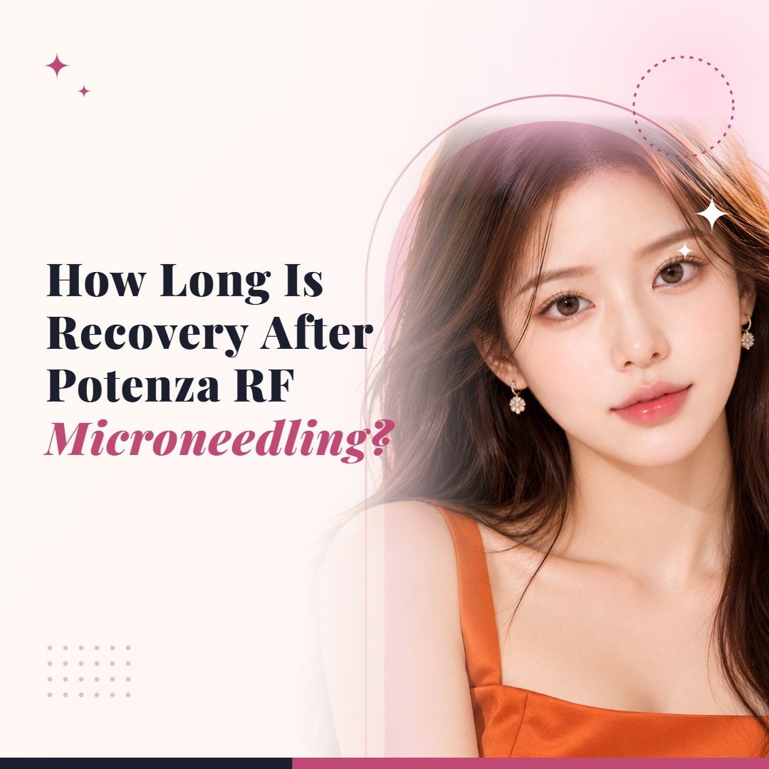 Blog cover image for How Long Is Recovery After Potenza RF Microneedling? with a model portrait on a soft pink background
