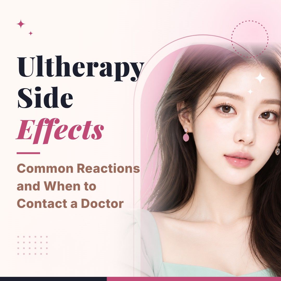 Blog cover image for Ultherapy Side Effects: Common Reactions and When to Contact a Doctor with a model portrait on a soft pink background