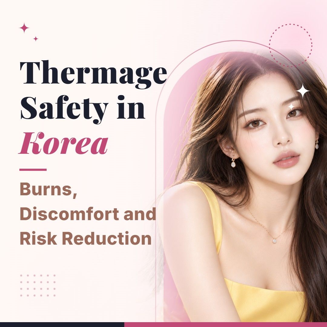 Blog cover image for Thermage Safety in Korea: Burns, Discomfort and Risk Reduction with a model portrait on a soft pink background