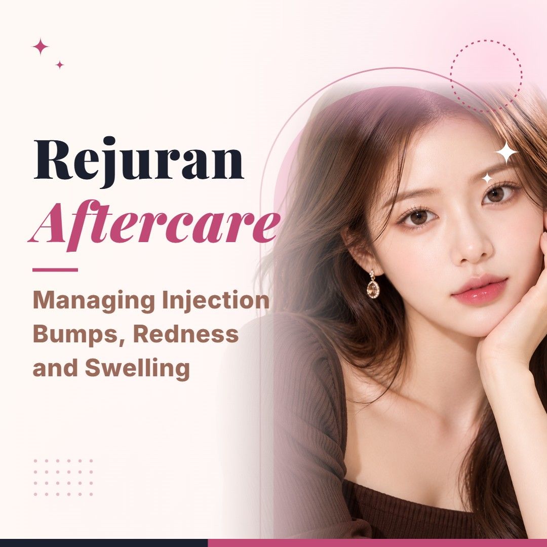 Blog cover image for Rejuran Aftercare: Managing Injection Bumps, Redness and Swelling with a model portrait on a soft pink background