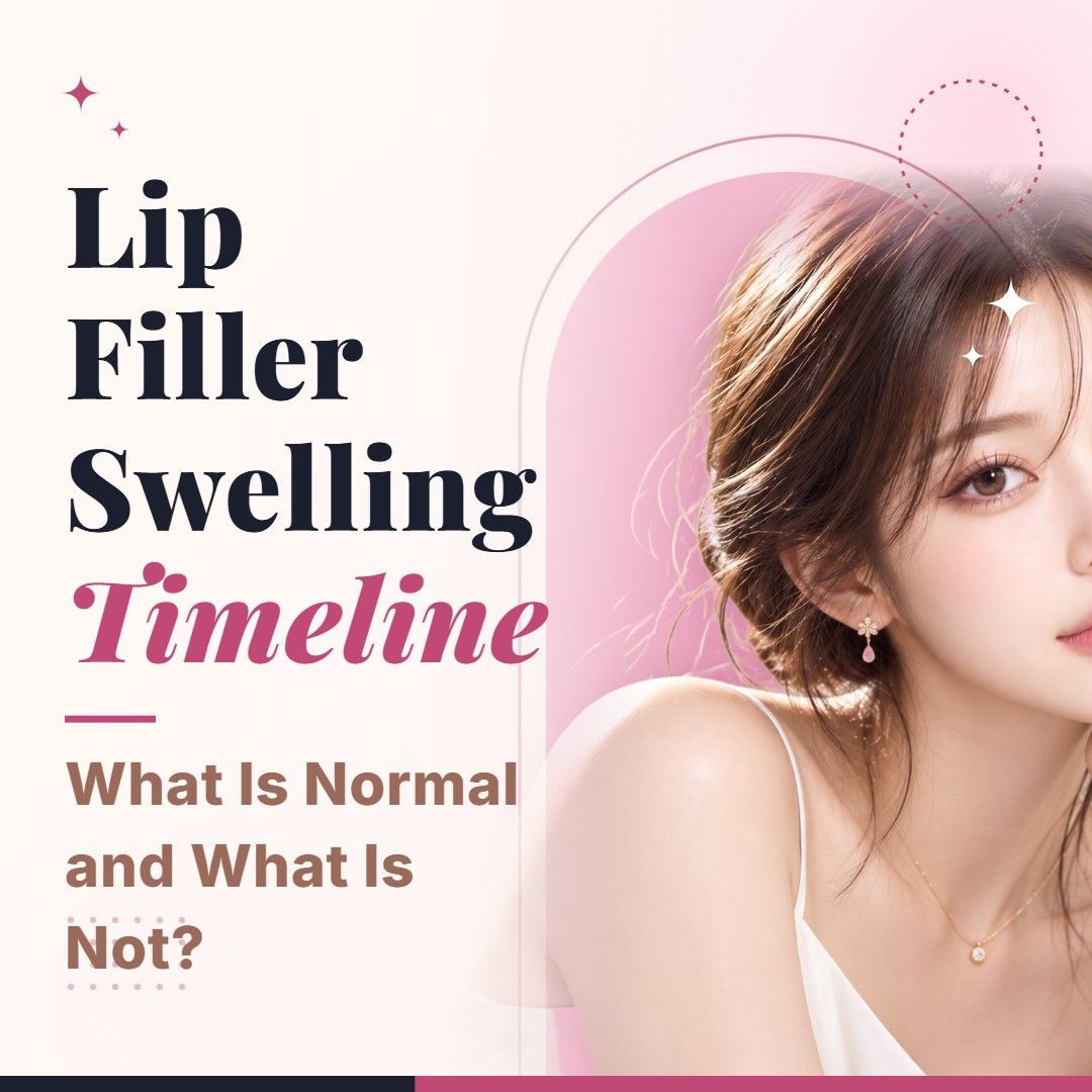 Blog cover image for Lip Filler Swelling Timeline: What Is Normal and What Is Not? with a model portrait on a soft pink background