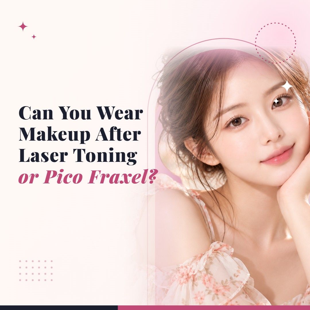 Blog cover image for Can You Wear Makeup After Laser Toning or Pico Fraxel? with a model portrait on a soft pink background