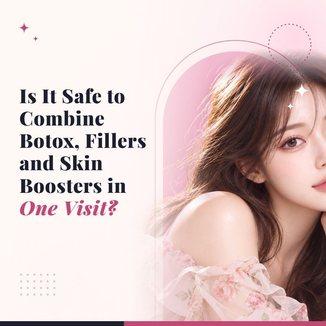 Blog cover image for Is It Safe to Combine Botox, Fillers and Skin Boosters in One Visit? with a model portrait on a soft pink background